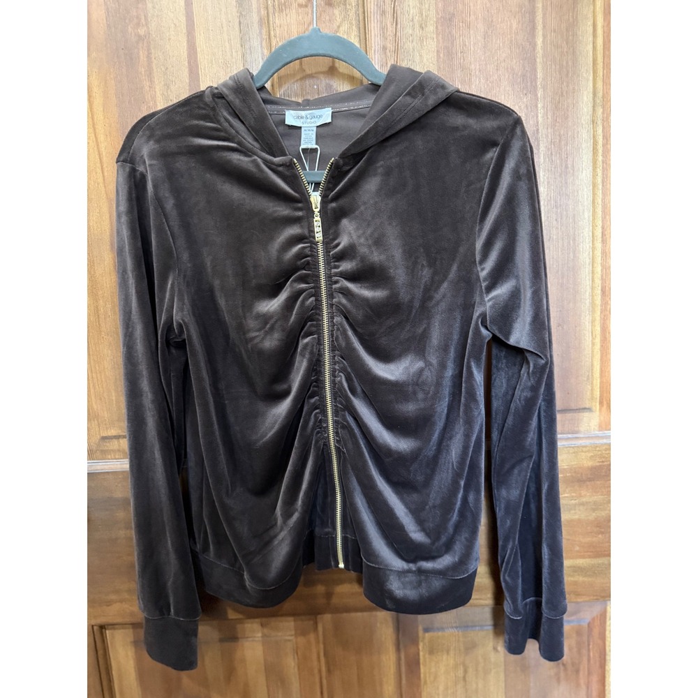 NWT Cable & Gauge Studio Brown Velour Ruched Zip Hoodie Rhinestone Accent Size M